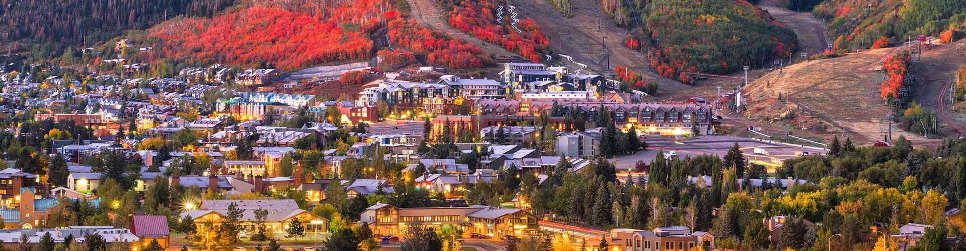 a city with a lot of trees and buildings with XE Park City's luxury transportation.